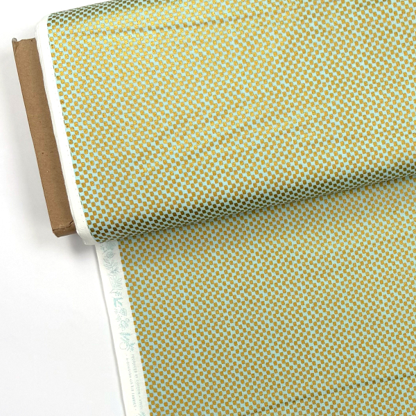 ST10193 Unelastische Webware lindgrün mit goldmetallischem Vierecksmuster als Meterware aus 100% Baumwolle